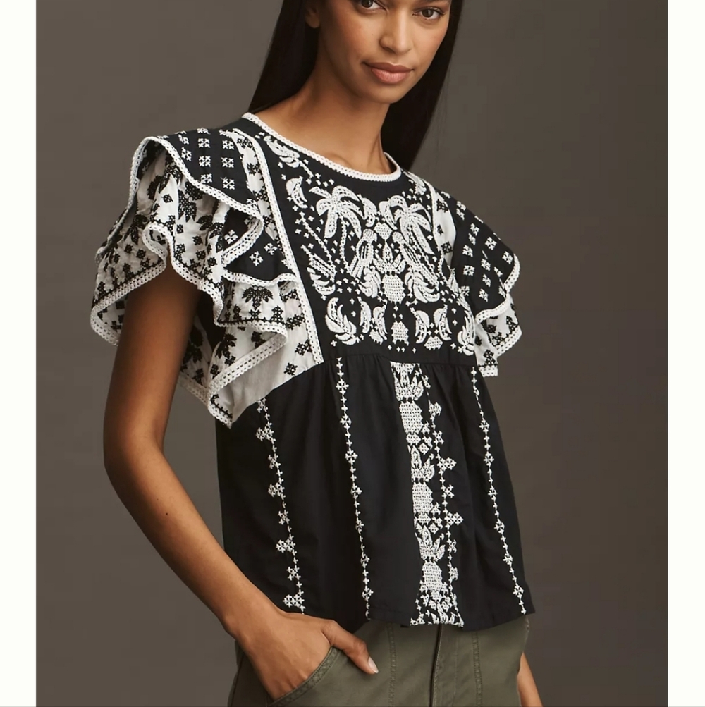 Free People Black and White Embroidered Blouse - Picture 2 of 5